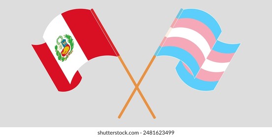 Crossed and waving flags of Peru and Transgender Pride. Vector illustration
