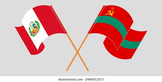 Crossed and waving flags of Peru and Transnistria. Vector illustration
