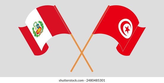Crossed and waving flags of Peru and Tunisia. Vector illustration
