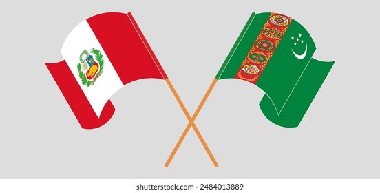 Crossed and waving flags of Peru and Turkmenistan. Vector illustration
