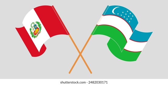 Crossed and waving flags of Peru and Uzbekistan. Vector illustration
