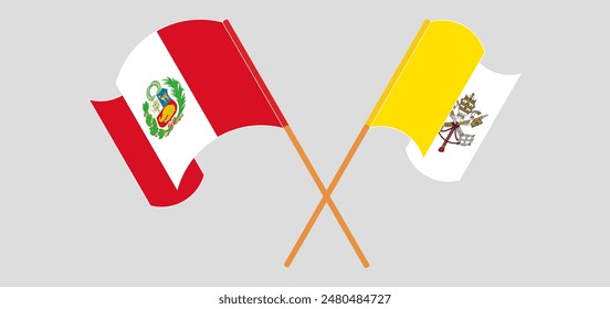 Crossed and waving flags of Peru and Vatican. Vector illustration
