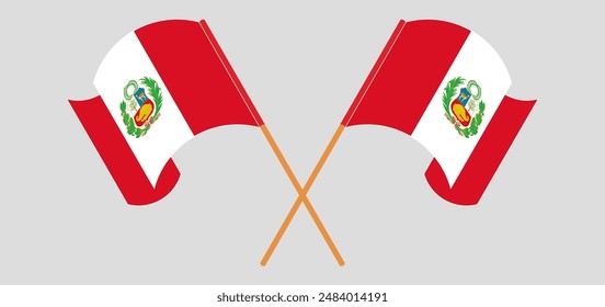 Crossed and waving flags of Peru. Vector illustration
