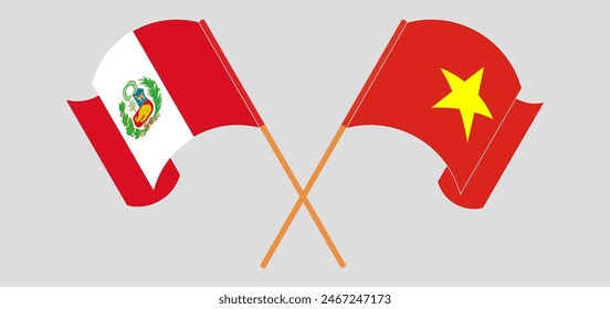 Überkreuzte und schwenkende Fahnen von Peru und Vietnam. Vektorillustration
