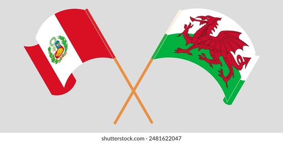 Crossed and waving flags of Peru and Wales. Vector illustration
