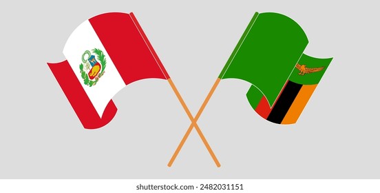 Crossed and waving flags of Peru and Zambia. Vector illustration
