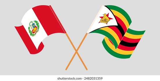 Crossed and waving flags of Peru and Zimbabwe. Vector illustration
