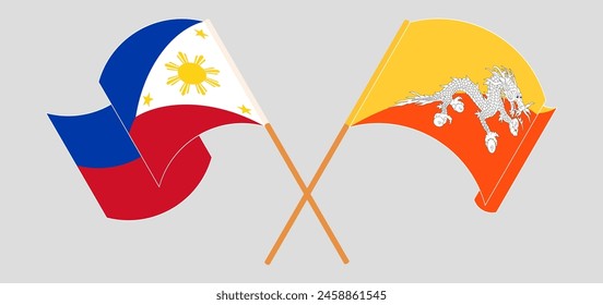 Crossed and waving flags of the Philippines and Bhutan. Vector illustration
