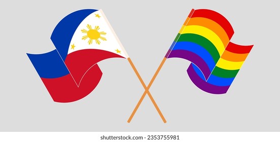 Crossed and waving flags of the Philippines and LGBTQ. Vector illustration
