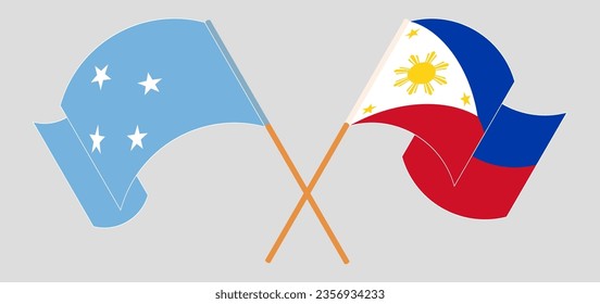 Crossed and waving flags of the Philippines and Micronesia. Vector illustration
