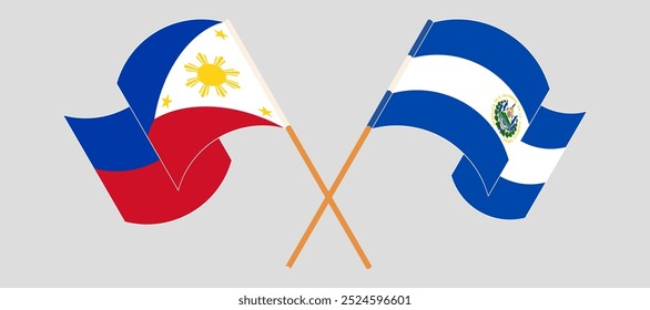 Crossed and waving flags of the Philippines and Republic of El Salvador. Vector illustration.
