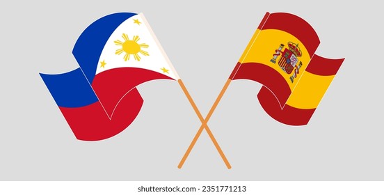 Crossed and waving flags of the Philippines and Spain. Vector illustration
