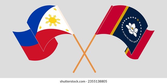 Banderas cruzadas y ondeando banderas de Filipinas y el estado de Misisipi. Ilustración del vector
