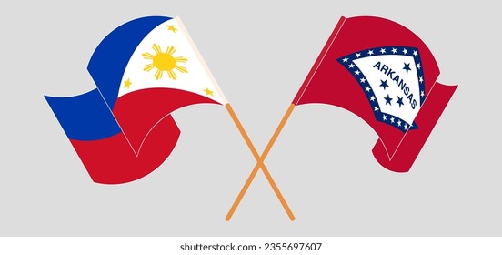 Crossed and waving flags of the Philippines and The State of Arkansas. Vector illustration
