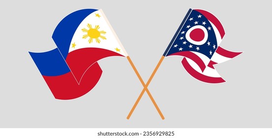 Crossed and waving flags of the Philippines and the State of Ohio. Vector illustration
