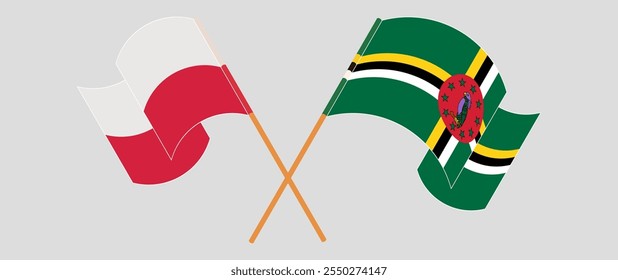 Crossed and waving flags of Poland and Dominica. Vector illustration.
