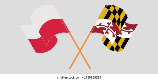 Crossed and waving flags of Poland and the State of Maryland