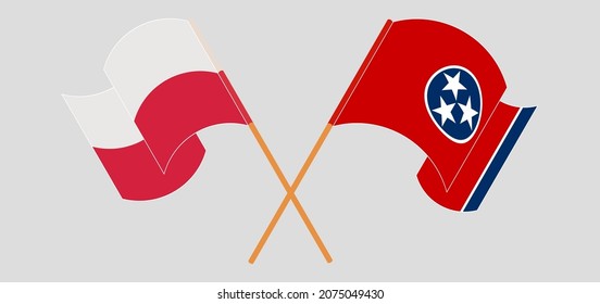 Crossed and waving flags of Poland and The State of Tennessee. Vector illustration