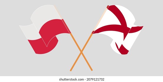 Crossed and waving flags of Poland and The State of Alabama. Vector illustration
