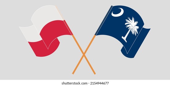 Crossed and waving flags of Poland and The State of South Carolina. Vector illustration
