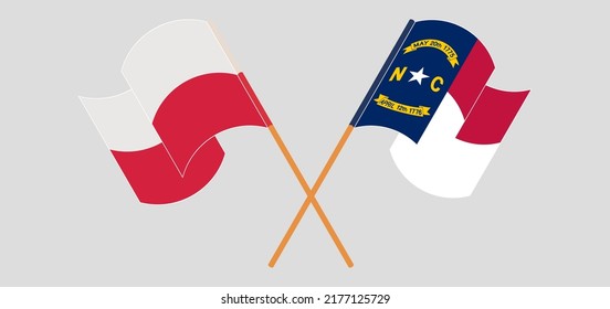 Crossed and waving flags of Poland and The State of North Carolina. Vector illustration
