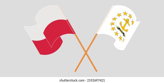 Crossed and waving flags of Poland and the State of Rhode Island. Vector illustration
