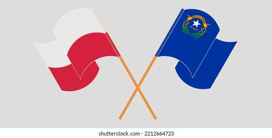 Crossed and waving flags of Poland and The State of Nevada. Vector illustration
