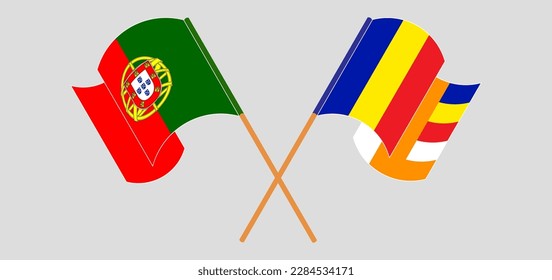Crossed and waving flags of Portugal and Buddhism. Vector illustration
