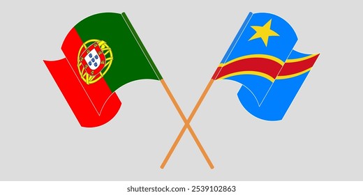 Crossed and waving flags of Portugal and Democratic Republic of the Congo. Vector illustration.
