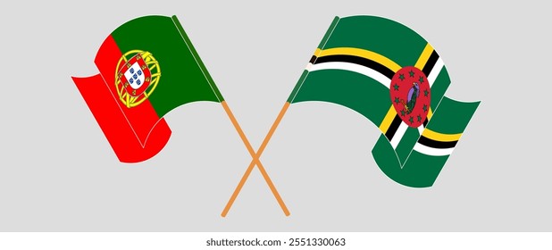 Crossed and waving flags of Portugal and Dominica. Vector illustration.
