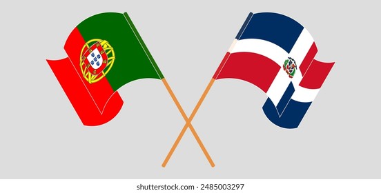 Crossed and waving flags of Portugal and Dominican Republic. Vector illustration
