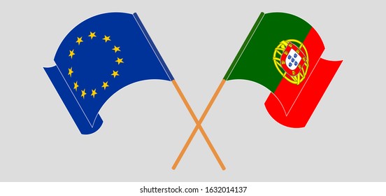 Crossed and waving flags of Portugal and the EU