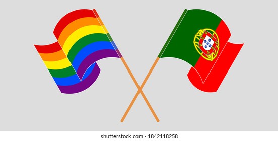 Crossed and waving flags of Portugal and LGBTQ