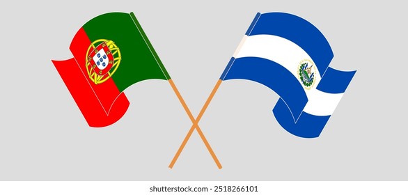 Bandeiras cruzadas e acenando de Portugal e da República de El Salvador. Ilustração vetorial.
