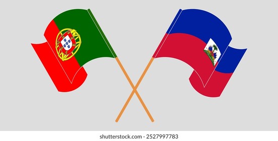 Crossed and waving flags of Portugal and Republic of Haiti. Vector illustration.
