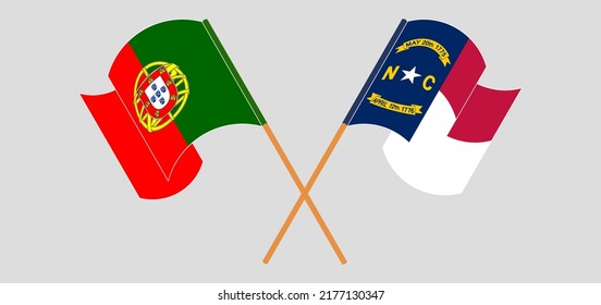 Crossed and waving flags of Portugal and The State of North Carolina. Vector illustration
