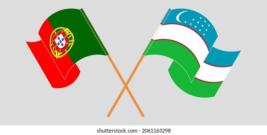 Crossed and waving flags of Portugal and Uzbekistan