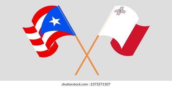 Crossed and waving flags of Puerto Rico and Malta. Vector illustration
