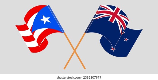 Crossed and waving flags of Puerto Rico and New Zealand. Vector illustration
