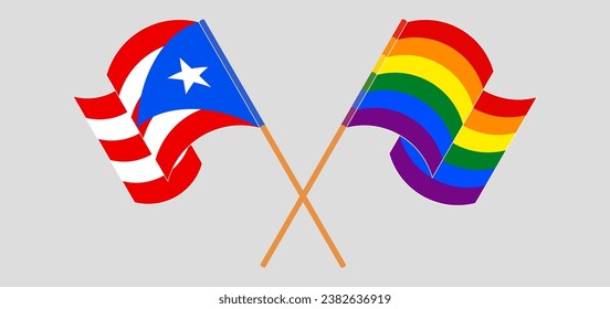 Crossed and waving flags of Puerto Rico and LGBTQ. Vector illustration
