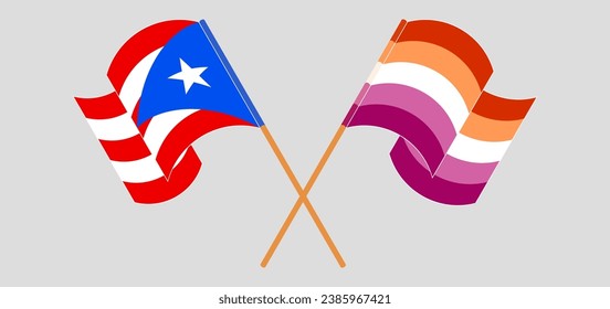 Crossed and waving flags of Puerto Rico and Lesbian Pride. Vector illustration
