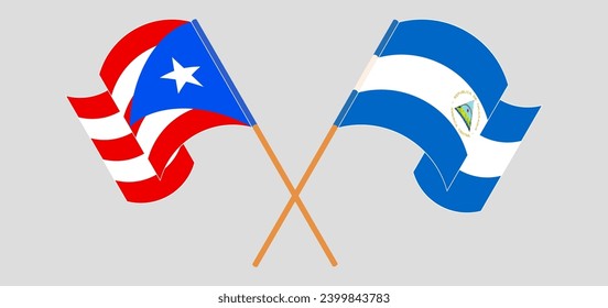 Crossed and waving flags of Puerto Rico and Nicaragua. Vector illustration
