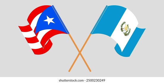 Banderas cruzadas y ondeando de Puerto Rico y República de Guatemala. Ilustración vectorial
