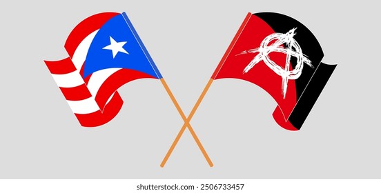 Crossed and waving flags of Puerto Rico and Anarchy. Vector illustration
