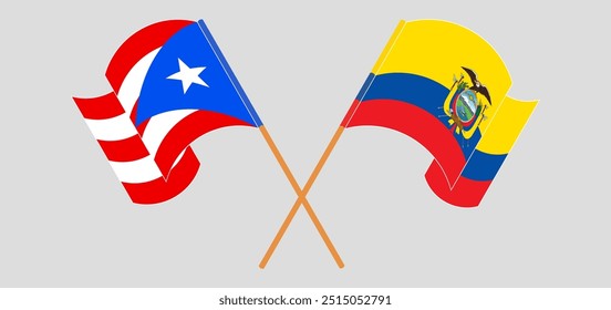 Crossed and waving flags of Puerto Rico and Republic of Ecuador. Vector illustration.
