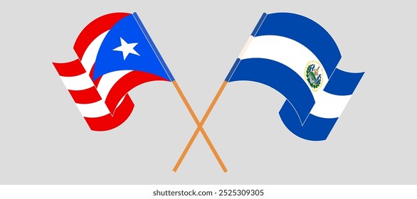 Crossed and waving flags of Puerto Rico and Republic of El Salvador. Vector illustration.
