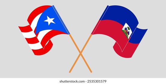 Crossed and waving flags of Puerto Rico and Republic of Haiti. Vector illustration.
