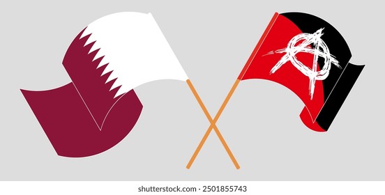 Crossed and waving flags of Qatar and Anarchy. Vector illustration

