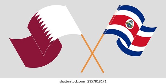 Crossed and waving flags of Qatar and Costa Rica. Vector illustration
