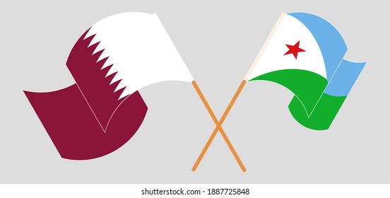 Crossed and waving flags of Qatar and Djibouti